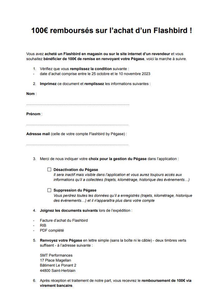 Formulaire de remboursement pour un passage de Pégase à Flashbird
