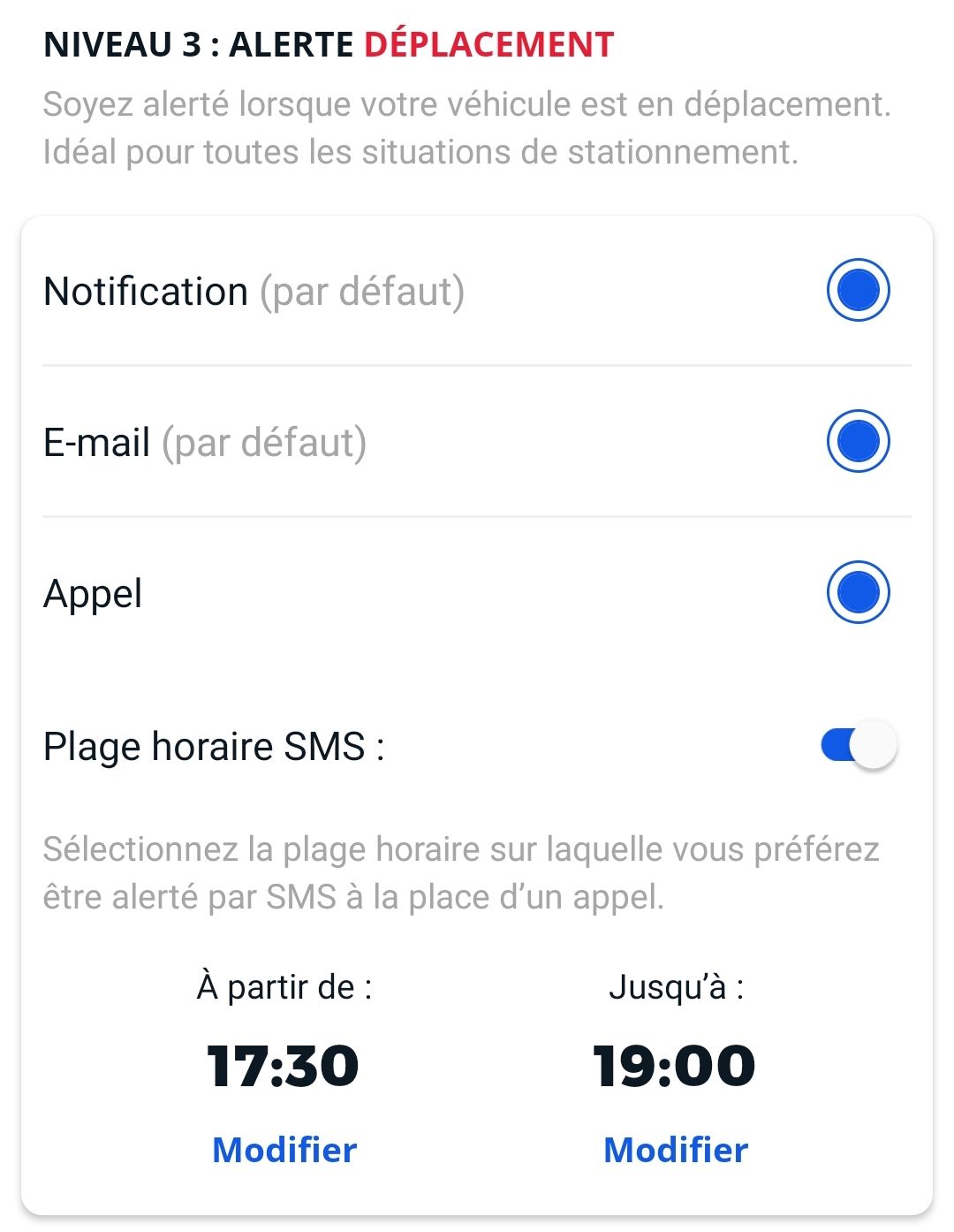 Réglage de l'alerte de niveau 3 : Déplacement
