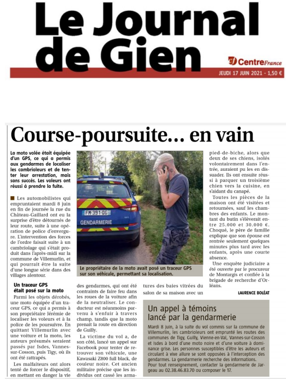Kawasaki z800 volée dans le journal de Gien du 17 juin 2021
